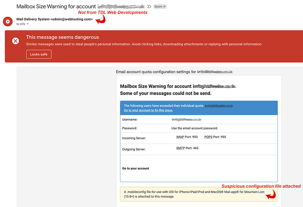 Scam Alert Mailbox Quota Exceeded TDL Web Developments